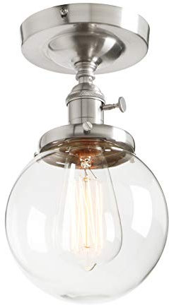 Phansthy Vintage Ceiling Light Fitting with Switch, Modern Clear Glass Flush Mounted Ceiling Lamp E27 Base, Hallway Lighting Fixtures Suitable for Kitchen Loft Cafe Bar (Brushed Steel)