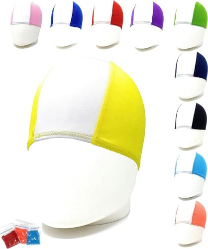 AQASKIN 50 Cuffie Nuoto Professionali in Poliestere, Cuffia Piscina Poliestere Unisex, Cuffie Acquagym per Adulti e Bambini. Quantità 1pz - 10pz - 25pz -50pz -100pz. (Bianco/Giallo, Pack da 50)