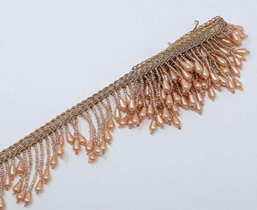Feathers Creation 1 X Yard Gold Bead Fringe Bridal Tassel Sew on Trim Curtain Edge Lace 2 inc (Rose Gold with Pearl)