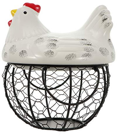 Cabilock Chicken Egg Basket Egg Storage Basket Easter Egg Basket with Hen Figurine Ceramic Iron Basket Farmhouse Kitchen Decoration Ornament White