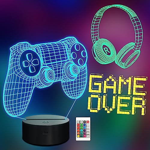 Ammonite Game Over 3D Lampe, Gamepad Kopfhörer 3D Nachtlicht (3 Muster) mit Fernbedienung 16 Farbwechsel Jungen Video Gamer Zimmer Dekor als Weihnachtsgeburtstagsgeschenk für Teen Männer