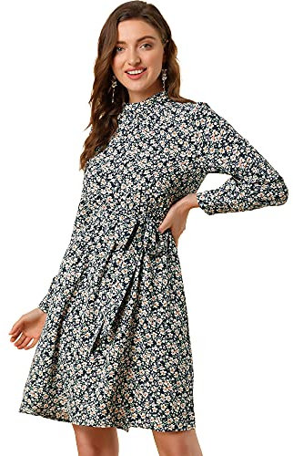 Allegra K Damen A Linie Langarm Bindegürtel Blumen Midikleid Kleid Navy Weiß L