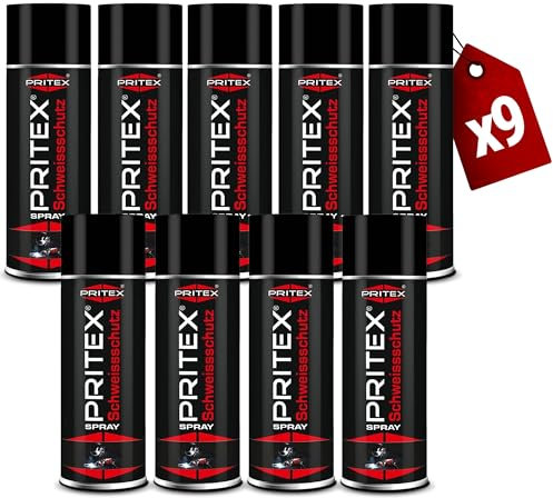PRITEX – Schweißschutzspray 9 x 400 ml reinigt Schweißdüsen & verhindert das Anhaften von Schweißspritzern – silikonfreies Schweiß-Trennspray bietet lückenlosen Schutz beim Schweißen – Schweißspray