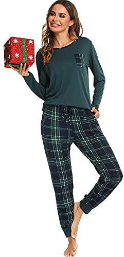 Vlazom Pyjama Femme Hiver Ensemble de Pyjama à Manches Longues Vêtements de Nuit à Carreaux avec Poches pour Noël,A-Vert Foncé,M