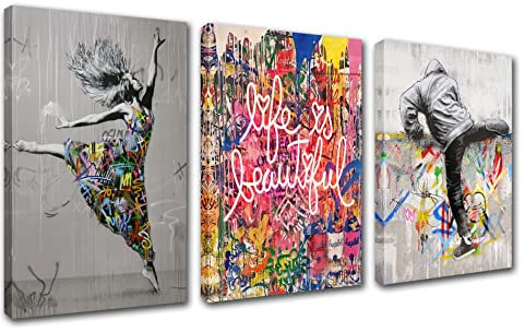 Banksy Street Art Decor Bunte Graffiti Gemälde für Schlafzimmer Paar Junge Mädchen Bilder Be Beautiful Artwork 3 Stück Leinwand Wandkunst Heimdekoration Gerahmtes Poster und Drucke