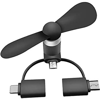 Todotumovil Mini Ventilador portátil 3 en 1 para Dispositivos iOS, Android y más (Conector iOS/USB Tipo C/Micro USB) (Negro)