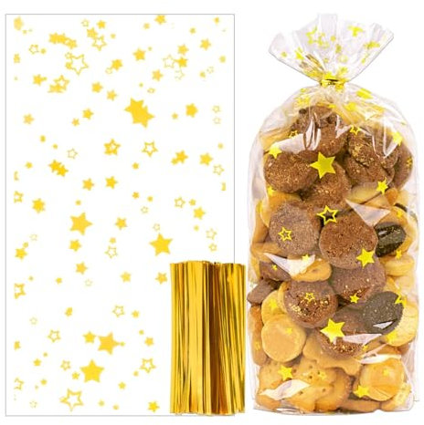 100 Stk 14.5x24cm Gold Sterne Cellophantüten Weihnachten Plätzchentüten Kekstüten Weihnachtstüten Klein transparent Zellophantüten Bodenbeutel Tüten für Süßigkeiten Bonbon mit Twist Krawatten