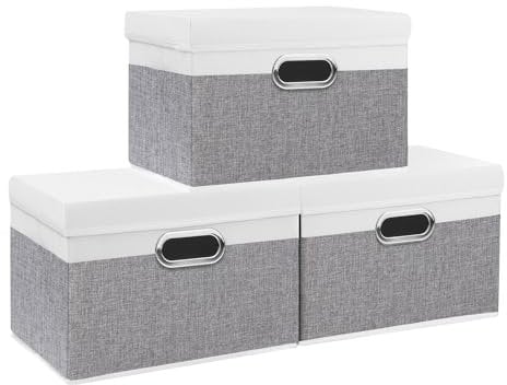 Yawinhe Storage Box with Lids 3 Pack, Collapsible Clothing Shelf Basket, for Organizing Clothes, 32x23x20cm, White/Grey, SNK023WG-3