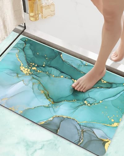 DEXI Tapis de Bain Absorbant, antidérapant à séchage Rapide, en Peau de marbre, Nappa, pour évier, Douche, Sol, Toilettes, Taille S, 40,6 x 61 cm, Vert Turquoise