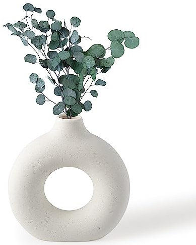 BASVII Kleine Weiße Vase für Pampasgras - Boho Keramik Blumenvase Modern, Zimmer Aesthetic - Donut Rund für Wohnzimmer, Flur, Fensterbank, Esstisch (M)