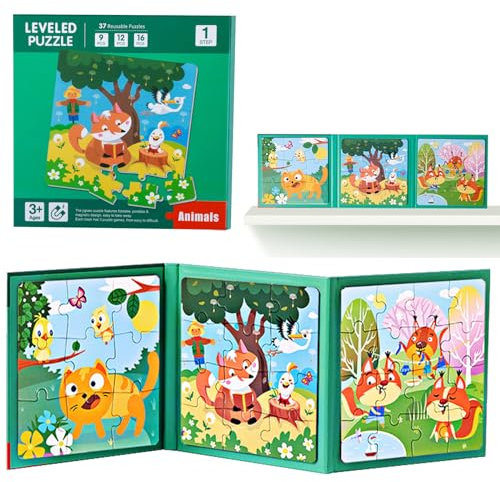 shineFinder 37 Teile Magnetspiel Puzzle - reisespiele Kinder ab 3 4 5 Jahre - fur beschäftigung im Flugzeug/autofahrt Kinder(1 Stück, Schritt1 | Tier)