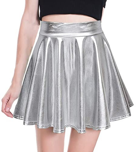 SamHeng Damen Metallischer Faltenrock Mini Skater Minirock Shiny Metallic Plisseerock Low Rise Röcke Tanz Tutu Party Club Kostüm Silber