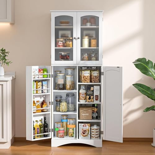 Gizoon 64 Kitchen Pantry Cabinet, Tall Storage Cabinet with Glass Doors and Adjustable Shelves, Freestanding Floor Cabinet Cupboard for Kitchen, Living Room, Dining Room (White)