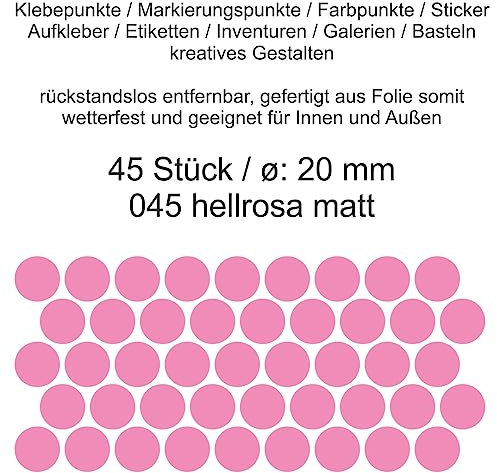 Aufkleber Etiketten Klebepunkte aus Folie 45 Stück rosa hellrosa matt rund 20 mm selbstklebend farbig wetterfest Decal Markierungen Organisieren DIY basteln verzieren Modellbau Scrapbooking