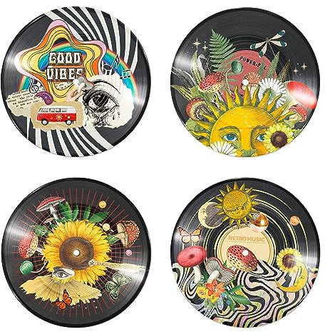 Putuo Decor 4er Set Hippie Indie Schallplatte Wanddekoration, ästhetische Weirdcore Raumdekoration, Sonnenblume, Pilz, Sonne, Mond, psychedelische Wandkunst