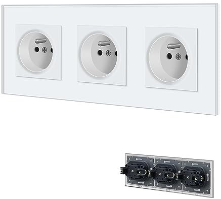 BSEED Prise Murale,Prises electriques Standard avec des griffes,16A 110-250V Triple Prise de Courant Alternatif avec Panneau en Verre Cristal,Prise Encastrable, pour Bureau à Domicile(3 Prise,Blanc)