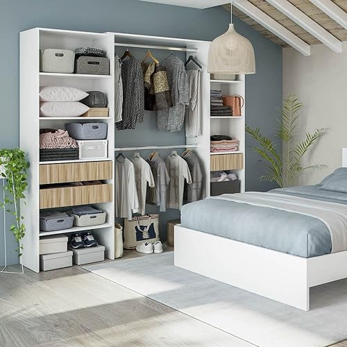 HABITMOBEL Armario Dormitorio Organizador Abierto con 3 cajones 6 estantes y 2 Barras de Colgar en 2 columnas