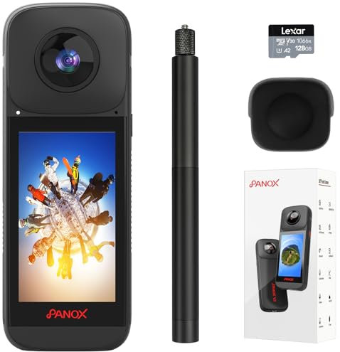 PANOX V2 360 Action Camera-128 GB Vlog Kit with Selfie Stick- 8K 10FPS HDR Video, 1/2 48MP Sensors, 72MP 360° Photo, 3 Touchscreen, AI Editing, 4K Live Stream, Android 10 OS, Black