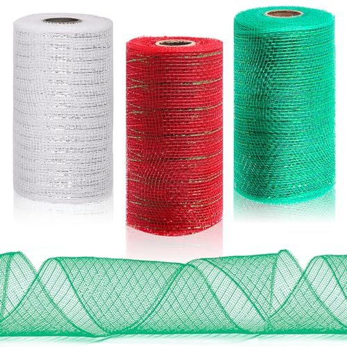 Glarks Lot de 3 rouleaux de ruban décoratif en maille métallique - En polyester - Argenté, rouge avec vert de Noël - Pour couronnes, swags, artisanat, fête et décoration