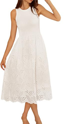GRACE KARIN Ärmellose Sommerkleider für Frauen Tank Top Kleid Rundhalsausschnitt Einfarbig A-Linie Midi Länge Kleid Freizeitkleid Weiß XL