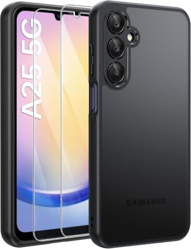 FLLAO Matt Handyhülle für Samsung Galaxy A25 5G Hülle, Schwarz | Inklusive 2 Schutzfolie, mit Kameraschutz [Militärschutz] Stoßfest PC Rückseite TPU Bumper Hülle für Samsung Galaxy A25 5G