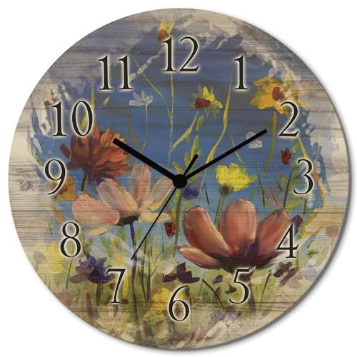 ARTLAND Wanddeko Wanduhr ohne Tickgeräusche aus Holz Funkuhr lautlos rund Ø 30 cm Wildblumenwiese Blauer Himmel U1QU Blumen Pflanzen Blumenwiese Blüte