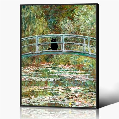 GAINOW Vintage Monet Seerosen-Katze-Leinwandkunst, berühmte Ölgemälde Monet schwarze Katze Poster, lustiger Blumendruck, ästhetische Raumdekoration für Schlafzimmer, Badezimmer 40x60cm gerahmt