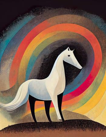 adrium Acryl-Bild 40 x 50 cm: Weißes Pferd im Kinderbuch-Stil, Regenbogenfarben im Hintergrund (192278784)