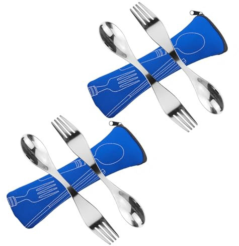Reuseable Sporks Stainless Steel 4pcs, Portable Cutlery Spoon Fork Camping Cutlery Set with Bag for Travel Outdoor Picnic - Blue