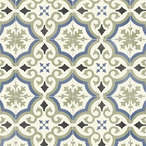 Sol Vinyle First - Effet Carreaux de Ciment arabesques - Vert et Bleu - Rouleau de 2m x 2m