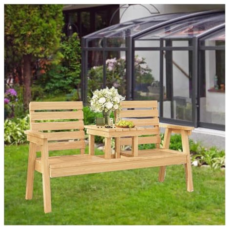 ZHENGQIAN Outdoor-Holzbank for 2 Personen, karbonisierte Gartenbank, Feuerstellenstuhl, Outdoor-Holzbank mit Couchtisch, Gartenmöbel, Terrassentisch mit Schirmloch(C)