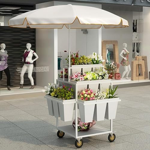 RCJCQSR Blumenständer für den Außenbereich, mobiler Metall-Blumenwagen, dekorativer Garten-Pflanzgefäß, Verkaufsstand, Kiosk-Leiterförmiger Pflanzenständer mit Sonnenschutz und 18 Blumeneimern (Farbe: