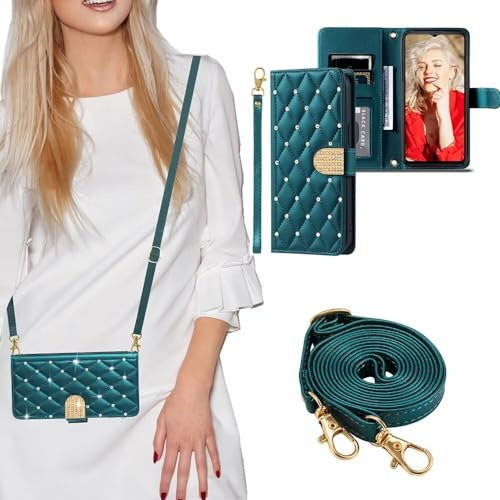 SEHEYA kompatibel mit Huawei P20 Lite Handys Kette Hülle Klappbar Glitzer Strasssteine Leder Handyhülle zum Umhängen Schutzhülle Handytasche Etui 2 in 1 Handy Cover Dunkelgrün