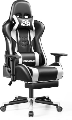 OneGame Gaming Stuhl mit Fußstütze,3D Armlehnen Computerstuhl breit PC Bürostuhl, ergonomischer Videospielstuhl PU-Leder 150KG-200KG, Weiß