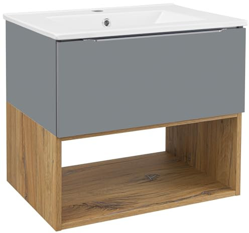Lomadox Badezimmer Waschtisch 60 cm Waschbeckenunterschrank inkl. Waschbecken Hochglanz grau mit Eiche