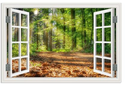 MOBYAT Quadro su tela Finestra con Vista,Foglie primaverili della foresta soleggiata,Quadro Finestra Paesaggio Montagna,Quadri Finestra Effetto 3D 90x60cm(35x24in) Senza cornice