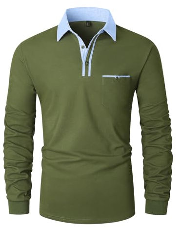 LIUPMWE Mens Polo Shirt Long Sleeve Contrast Color Denim Collar Patchwork Cotton Tee Tops,Green-YT43,L