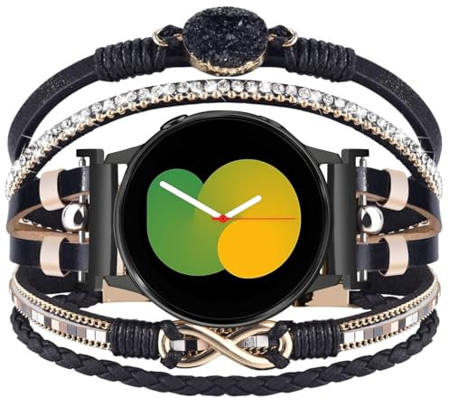 VISOOM Kompatibel mit Samsung Galaxy Watch 7 6 5 4 Armband,20mm Beaded Boho Frauen Leder Niedlich Multilayer Wrap für Watch 4/5/6/7 40mm 44mm/Classic 43mm 47mm 42mm 46mm/5 Pro 45mm,Black-circle