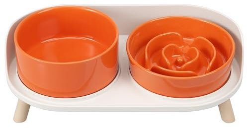 Elevated Slow Feeder Dog Bowls - Slow Down Dog Food Bowl with Dog Water Bowl Combo Pack - Raised Ceramic Dog Bowl Set with Anti-Slip Stand - Fun Maze Pet Feeding Dishes for Small and Medium Sized Dogs