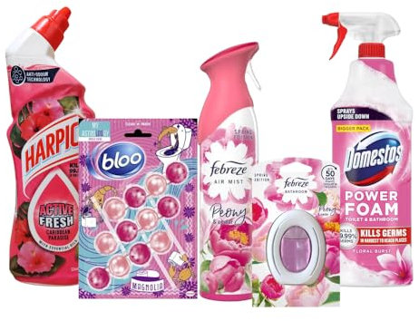 Bathroom Cleaning Bundle, 5-Piece Set with toilet gel, Rim pack 3, Air Mist, freshener, and foam, Floral Fragrances