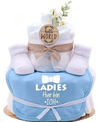 Trend Mama | Windeltorte | hellblau | Spruch wählbar | 27 Windeln (Größe 2), Baby Lätzchen, Kuschelsocken |Geschenk Geburt (Design| Ladies hier bin ich)