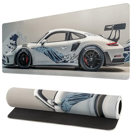 White Ukiyo-e Style Sports Car Large Gaming Mouse Pad Desktop Mat 31.5x11.8 Inch - Non-Slip Rubber Base - for Gamers - Perfect for Gamers & PC Enthusiasts