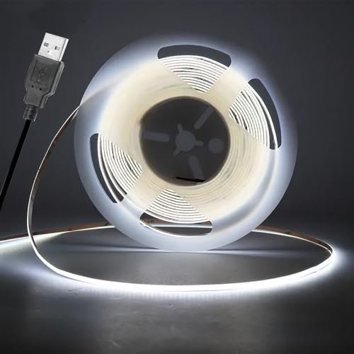 Vrabocry Striscia LED COB 16,4 ft 5 V USB LED bianco caldo 3 mm larghezza 400 LED/m striscia luminosa autoadesiva per TV retroilluminazione fai da te illuminazione decorativa (bianco, 5 V)