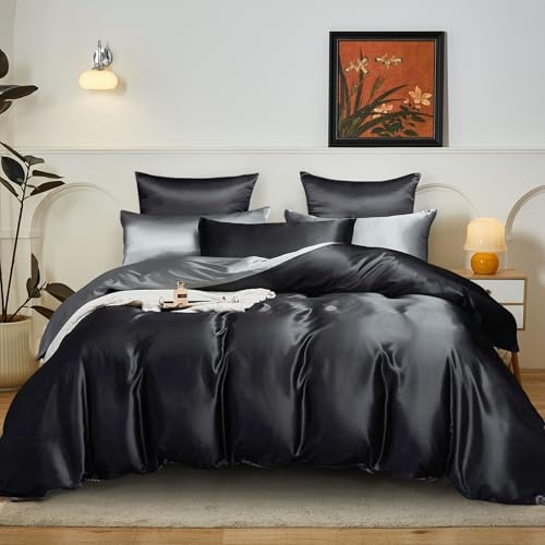YASMENG Satin Bettwäsche 200x200 Schwarz Dunkelgrau Wendebettwäsche Satin Glatt Glänzend Deluxe Weich Seidig Seide Bettbezug Set 3teiling mit Reißverschluss und 2 Kissenbezüge 80x80 cm