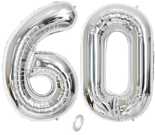 Balorise 40 Zoll Aluminium Luftballon Silber Zahl 60, Helium Unterstützt, Ballon Nummer 0-9, 10-100 (101cm), große Folienballons Dekoration für Geburtstagsfeier, Hochzeit, Jubiläum