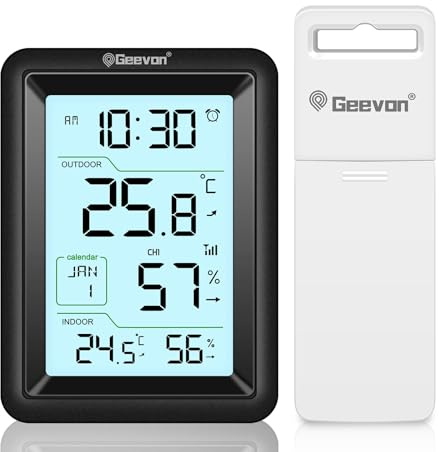 Geevon Indoor Outdoor Thermometer with Temprature and Humidity | inside outside thermometer wireless, with batteries, 200Ft/60m range, suitable for bedroom, office, living room