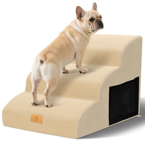 Thihome Hundetreppe für Kleine Hunde, 3 Stufen Haustiertreppe für Bett,Sofa | Gelenkschonende für Hunde Katzen, Rutschfest, Waschbarer Bezug mit Wasserschicht, Poignée Poche Rangement, Max 23 kg,Beige