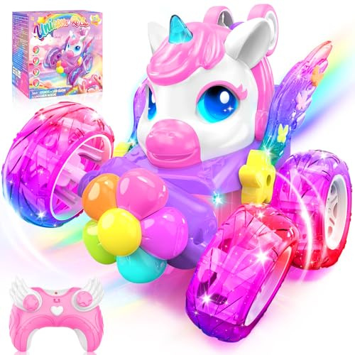 Kidluna Voiture Telecommandé Enfant RC Stunt Car avec Lumière LED & 360° Rotation, Licorne Jouet Fille 3-12 Ans Voiture Télécommandée Cadeau Fille 3 4 5 6 7 8 9 10 11 12 Ans Jeux Exterieur Enfant