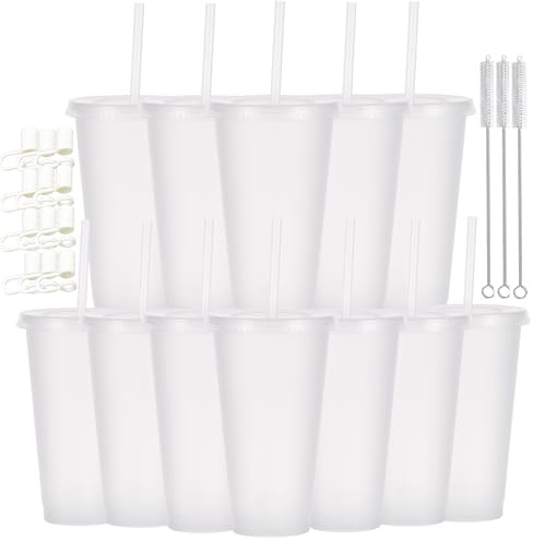 CuppaLifes 12 Pack Reusable Plastic Cups with Lids and Straws, 710ml Cold Tumbler Cups for Slushie and Drinks, Party Cups for Adults Travel Beach Picnic Birthdays (12, Clear)