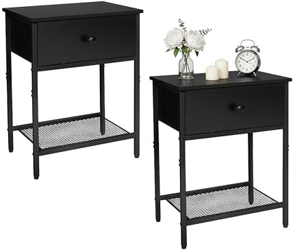 Relaxdays Nachttisch 2er Set, Schublade & Ablage, HBT: 55x40x30 cm, modern, Holzoptik, Metall, Nachtschrank, schwarz